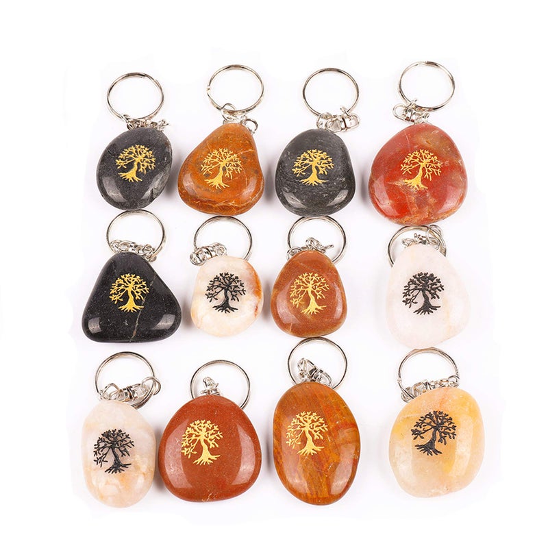ROCKIMPACT 12PCS Life Tree Inspirational Stone Key Chains, Engraved Natural River Rock Key Rings, Pocket Stone Keychain, Bulk Word Stone Wholesale Keyring (Pack of 12, Tree of Life) - Image 1